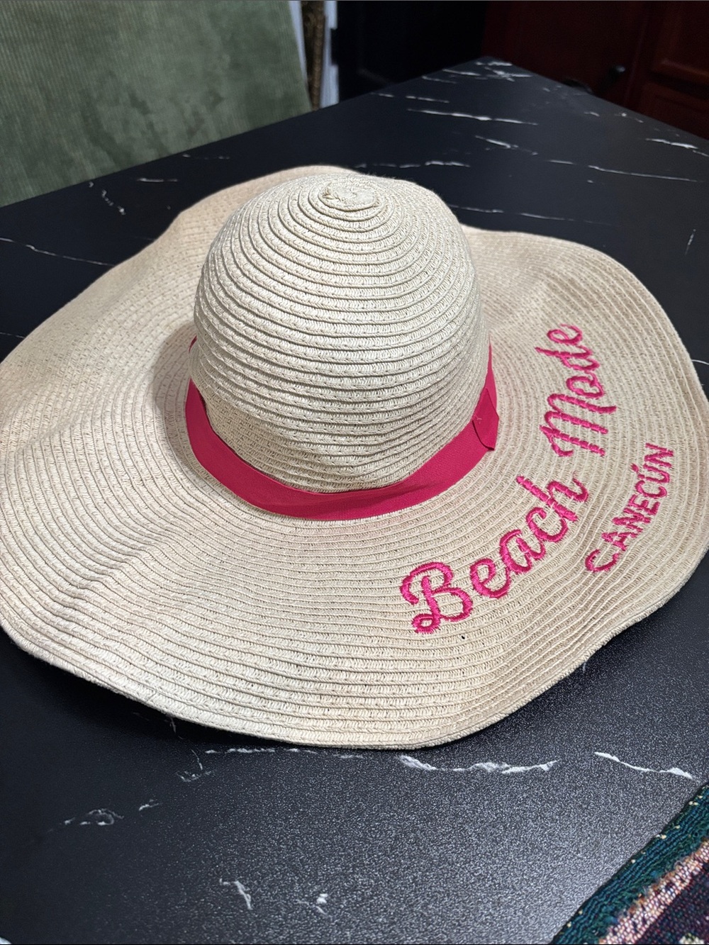 Source Unknown Beige Straw Wide-Brim Sun Hat with Pink Trim